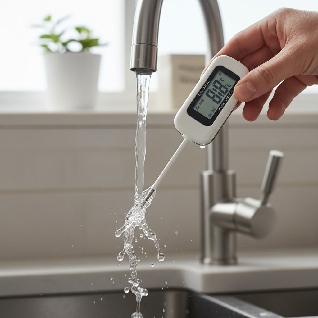 Una mano sostiene un termómetro digital blanco para medir la temperatura del agua que sale del grifo de la cocina.